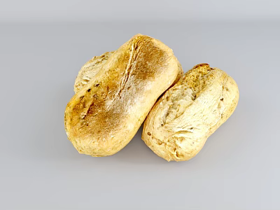 Two Golden Freshly Baked Artisanal Bread Loaves With Toasted Marks On Gray Background 3d model