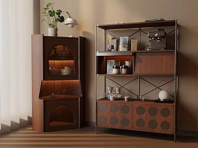 Modern Wooden Metal Shelving Unit With Plants Books Coffee Machine And Decor 3d model