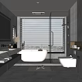 Modern Bathroom Interior With Marble Countertop Large Mirror Double Vanity And Freestanding Bathtub
