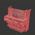 Ornate Red Brick Fireplace With Intricate Carved Decorations And Metal Accents