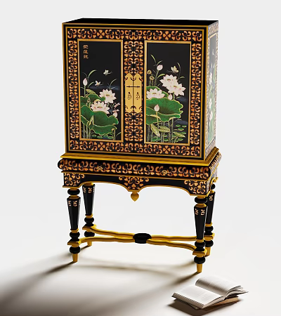 Traditional Style Decorative Cabinet With Lotus Pattern Golden Trim And Carved Legs Design 3d model