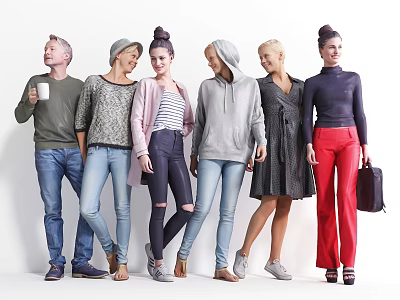 Group of Six People in Casual Outfits With Hoodies Sweaters Red Pants and Handbag 3d model