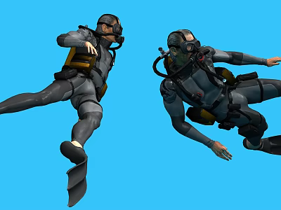Two Men In Scuba Diving Suits With Oxygen Tanks Diving On Blue Background 3d model