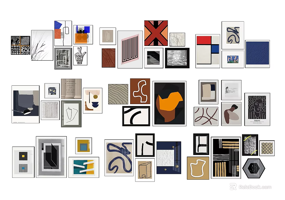 Stylish Photo Wall Decor With Various Frames Different Styles Colors And Shapes 3d model