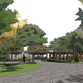 Residential Landscape Featuring Paved Plaza Green Trees Water Feature Lawn And Pedestrians