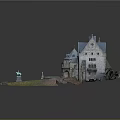 Cartoon Castle Scene Featuring Blue Roof Multi Story Building Green Lawn Pathway And Statues