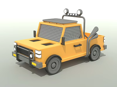 Yellow Cartoon Style Pickup Truck with Roof Lights Front Grille and Truck Bed 3d model