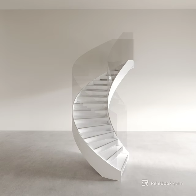 Modern Minimalist Spiral Staircase Interior With White Steps And Glass Railing 3d model 