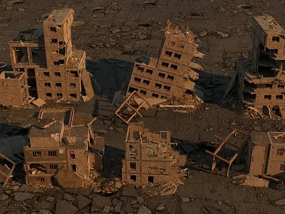 Collapsed Buildings With Ruined Houses And Broken Walls In Debris Field 3d model