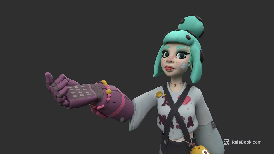 Woman With Green Hair Freckled Face In White Top Holding Digital Device With Purple Gloves 3d model 