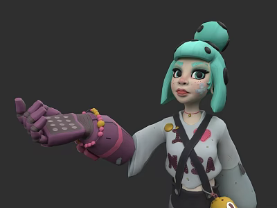 Woman With Green Hair Freckled Face In White Top Holding Digital Device With Purple Gloves 3d model