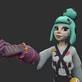 Woman With Green Hair Freckled Face In White Top Holding Digital Device With Purple Gloves