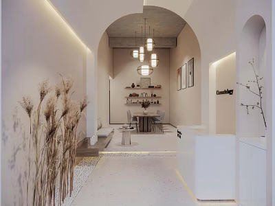 Modern Shop Front Desk Interior With Arch Wall Pendant Lights and Decorative Plants 3d model