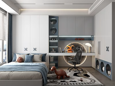 Modern Tatami Bedroom With Built in Storage Desk And Decorative Rug 3d model