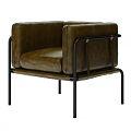 Modern Brown Leather Leisure Chair With Black Metal Frame And Armrest Design