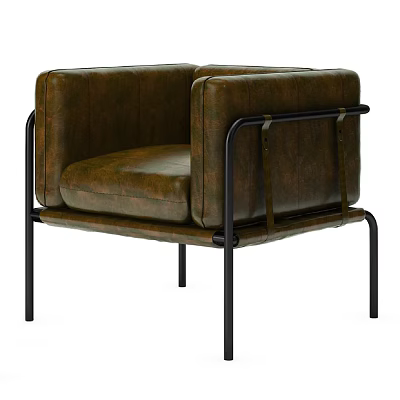 Modern Brown Leather Leisure Chair With Black Metal Frame And Armrest Design 3d model