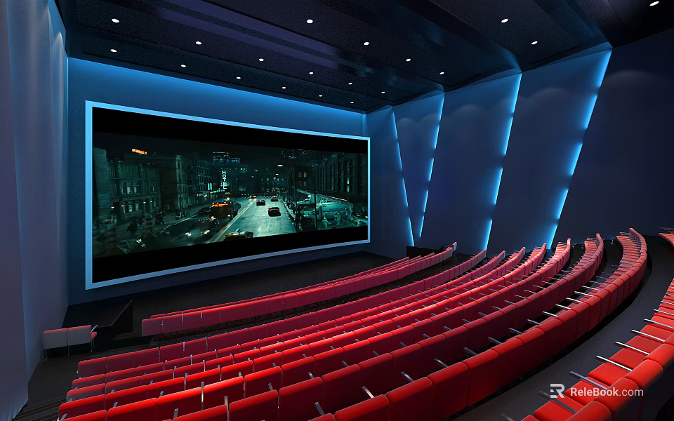 Modern Cinema Interior With Red Seats Large Screen And Blue Ambient Lighting 3d model 