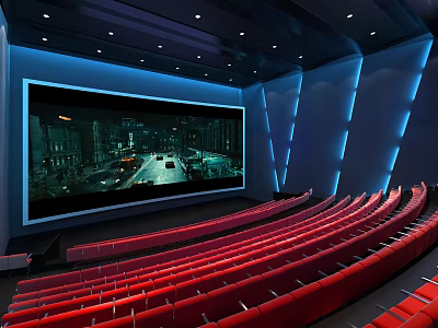 Modern Cinema Interior With Red Seats Large Screen And Blue Ambient Lighting 3d model