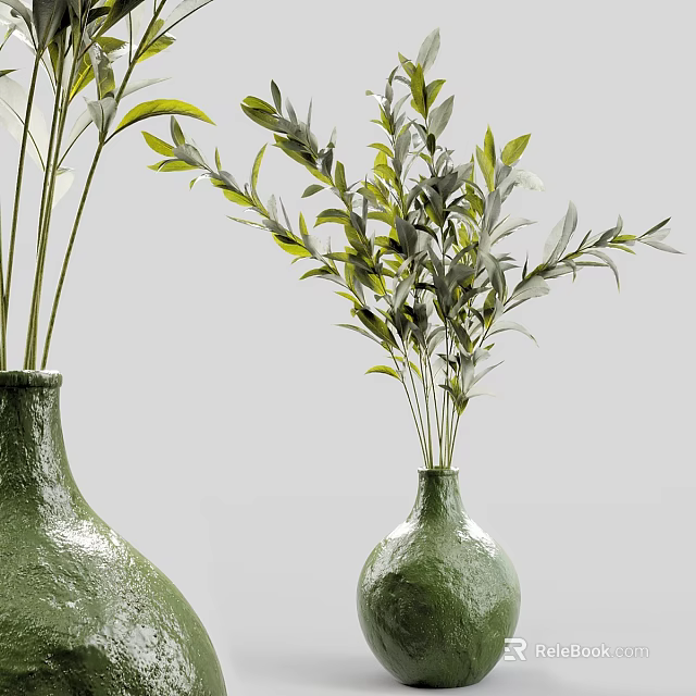 Stylish Textured Green Vases With Lush Green Foliage For Home Interior Decoration 3d model 
