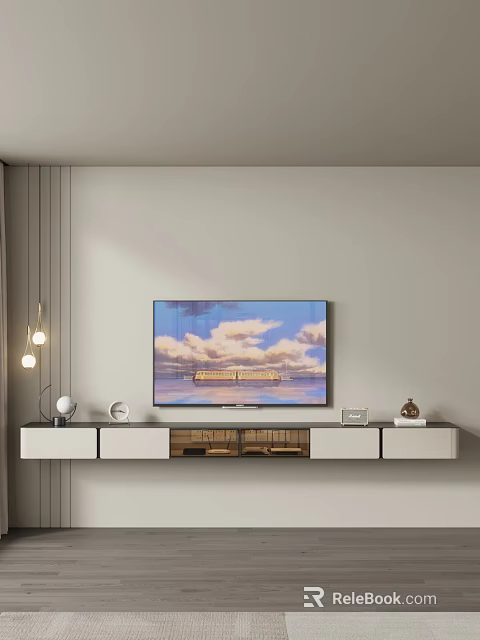 Modern TV Stand Design With Flat Screen TV Decorative Items And Wooden Storage Drawers 3d model 