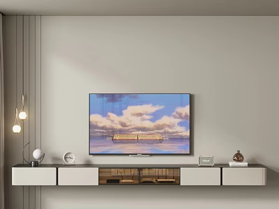 Modern TV Stand Design With Flat Screen TV Decorative Items And Wooden Storage Drawers 3d model