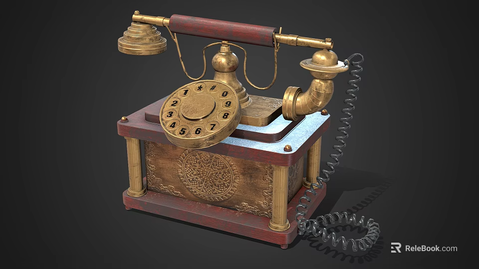 Vintage Daily Electrical Telephone Featuring Brass Decorations Wooden Base And Rotary Dial 3d model 