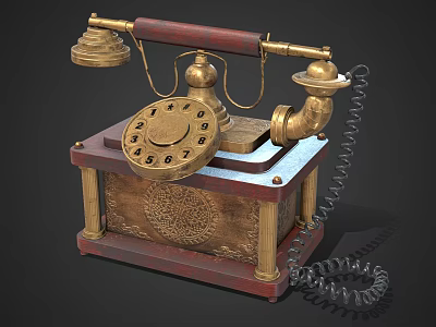 Vintage Daily Electrical Telephone Featuring Brass Decorations Wooden Base And Rotary Dial 3d model