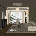 Elegant Modern Living Room Interior With Chandelier Sofa Fireplace Arched Window And Green Plants