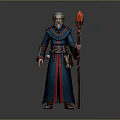 Old Man in Blue Robe with Gray Beard Holding Red Flame Staff and Brown Belt