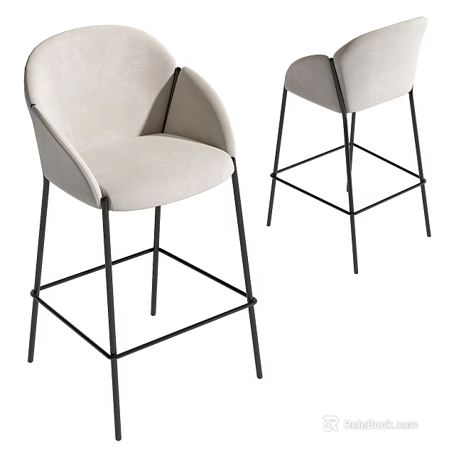 Modern Light Beige Upholstered Bar Stools With Black Metal Frame Backrest 3d model