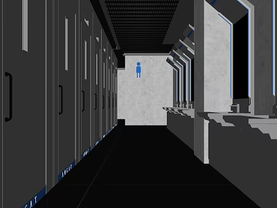Public Toilet Interior With Cubicles Blue Sign Washbasins And Corridor Layout 3d model