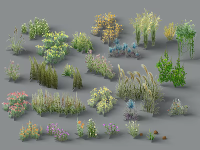 Cartoon Plant Collection With Various Types Different Colors And Shapes On Gray Background 3d model