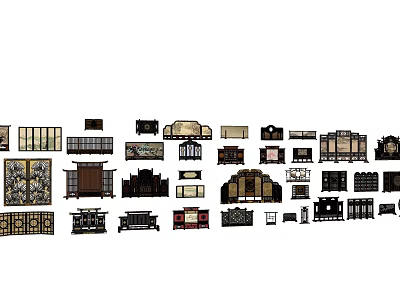 Traditional Decorative Screens with Various Designs and Intricate Wooden Frames 3d model