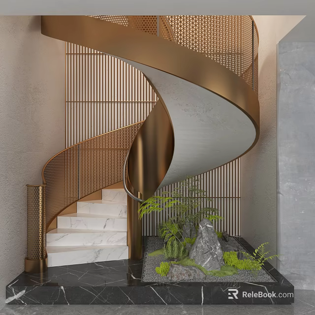 Spiral Staircase With Brass Railings Marble Steps Vertical Slat Walls And Green Plants 3d model 