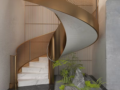 Spiral Staircase With Brass Railings Marble Steps Vertical Slat Walls And Green Plants 3d model