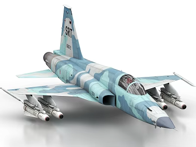 Military Fighter Jet with Blue and White Camouflage Number 371 and Missiles Under Wings 3d model