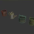 Wooden Striped Buckets and Shiny Metal Watering Can for Household Use