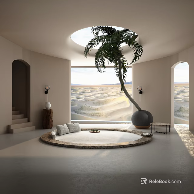 Minimalist Leisure Room With Round Seating Palm Tree And Desert View 3d model 