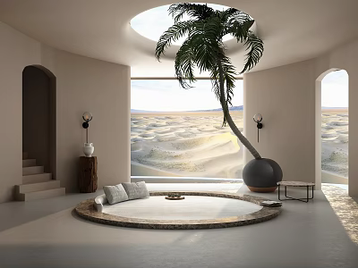 Minimalist Leisure Room With Round Seating Palm Tree And Desert View 3d model