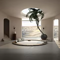 Minimalist Leisure Room With Round Seating Palm Tree And Desert View