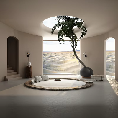 Minimalist Leisure Room With Round Seating Palm Tree And Desert View 3d model
