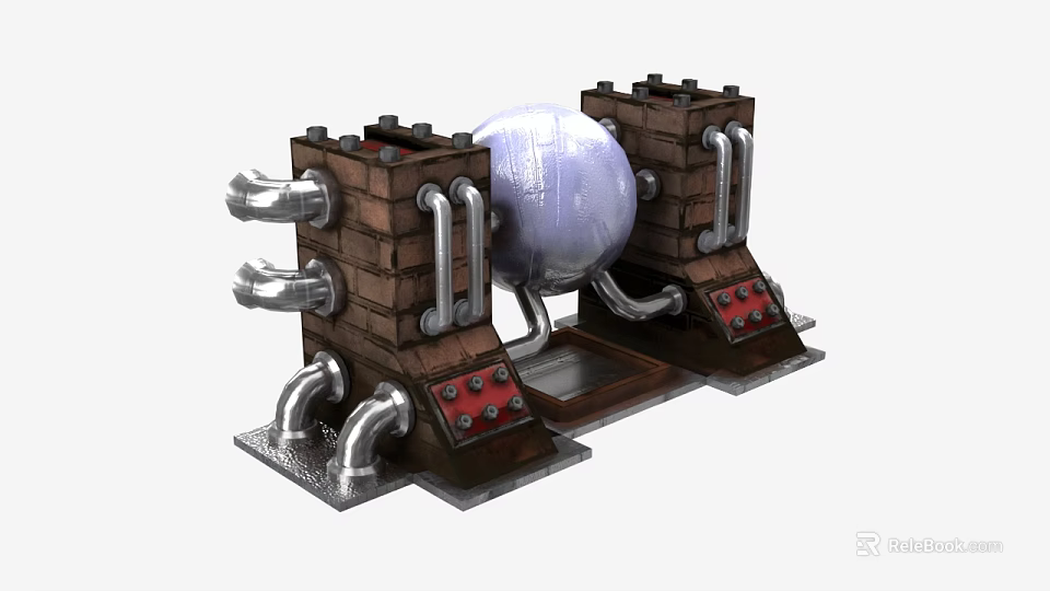 Industrial Mechanical Equipment Featuring Brick Structures Large Spherical Component Metal Pipes And Red Control Panels 3d model 