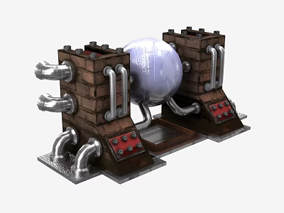 Industrial Mechanical Equipment Featuring Brick Structures Large Spherical Component Metal Pipes And Red Control Panels 3d model
