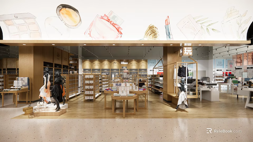 Stylish Shopping Mall Store Interior With Wooden Shelves Clothing Displays And Warm Lighting 3d model 