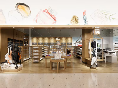 Stylish Shopping Mall Store Interior With Wooden Shelves Clothing Displays And Warm Lighting 3d model