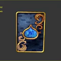 Ornate Casino Card with Golden Border Scrolls and Blue Teardrop Design on Blue Brick Wall