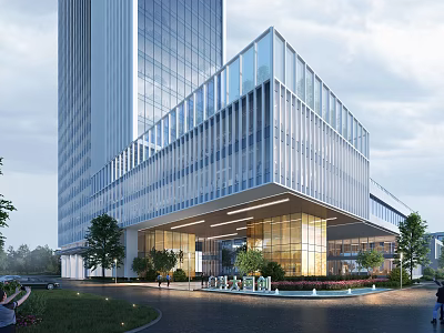 Modern High Rise Office Building With Glass Curtain Wall Entrance Green Landscaping And Pathway 3d model