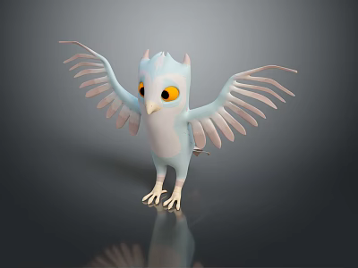 3D Modeled Blue and White Owl with Yellow Eyes Spread Wings Standing on Reflective Surface 3d model