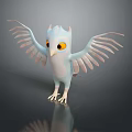 3D Modeled Blue and White Owl with Yellow Eyes Spread Wings Standing on Reflective Surface