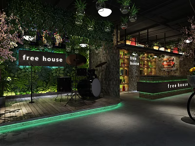 Stylish Industrial Bar Counter With Lush Green Plant Decor And Cozy Live Music Area 3d model